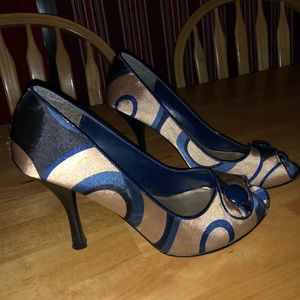 Gold & Navy Open toe Heels